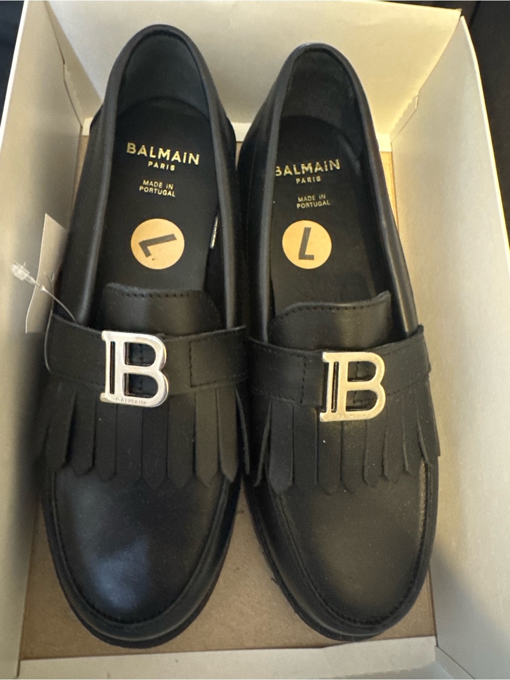 Balmain Black Leather Kiltie Loafers with Silver B Hardware